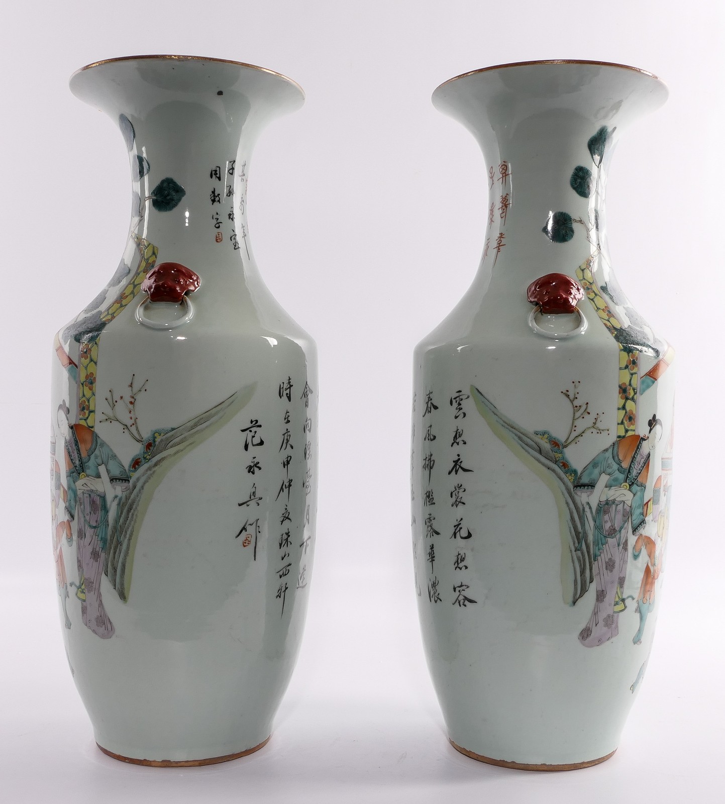A pair of Chinese polychrome vases, decorated with ladies and children playing in a garden, H 57,5 - Image 2 of 9