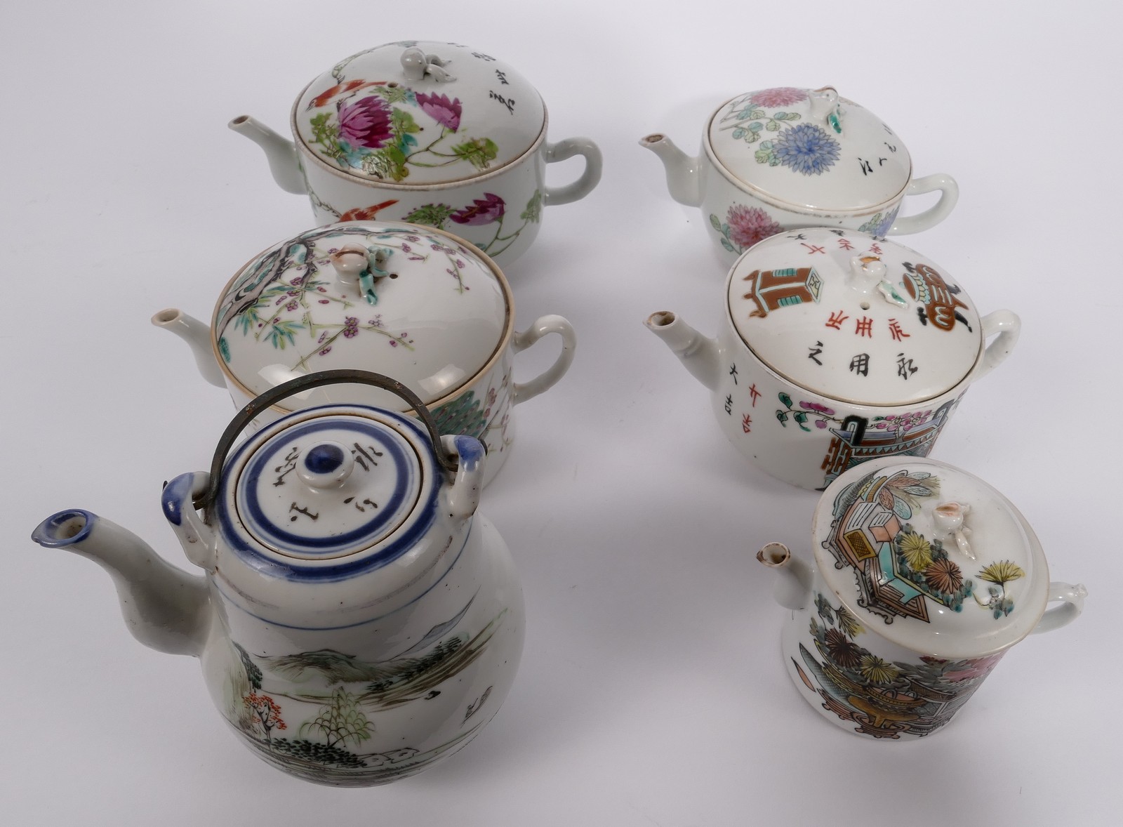 Six Chinese polychrome teapots and covers, decorated with flower branches, antiquities and a - Image 2 of 28