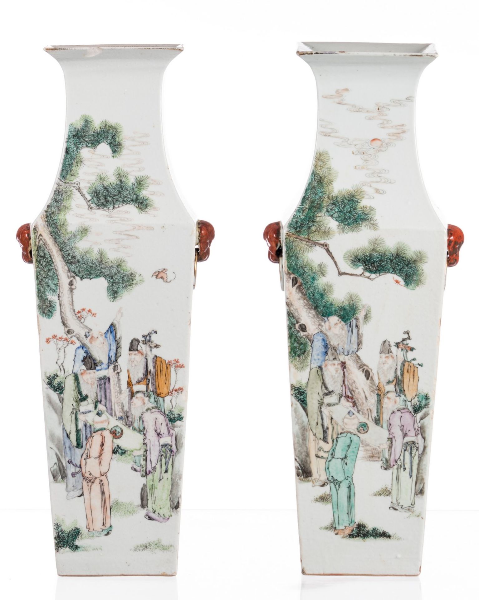 Two quadrangular vases, China, polychrome decorated with fishermen, literati and calligraphic texts, - Image 3 of 18