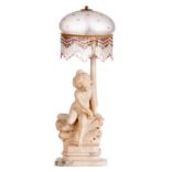 A Carrara marble table lamp depicting a bathing girl, the lightshade out of frosted glass, H 72 cm