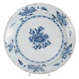 An 18thC tin glazed and blue decorated Dutch Delftware plate, (the usual glaze flaking to the