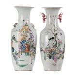 Two Chinese polychrome and famille rose decorated vases, one vase with warriors in a mountainous