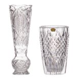 A Val Saint Lambert crystal vase, marked, H 34,5 cm; added a ditto Bohemian vase, H 51 cm