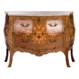 A French Cressent type commode, LXV style, mahogany and marquetry veneered, bronze mounts and marble