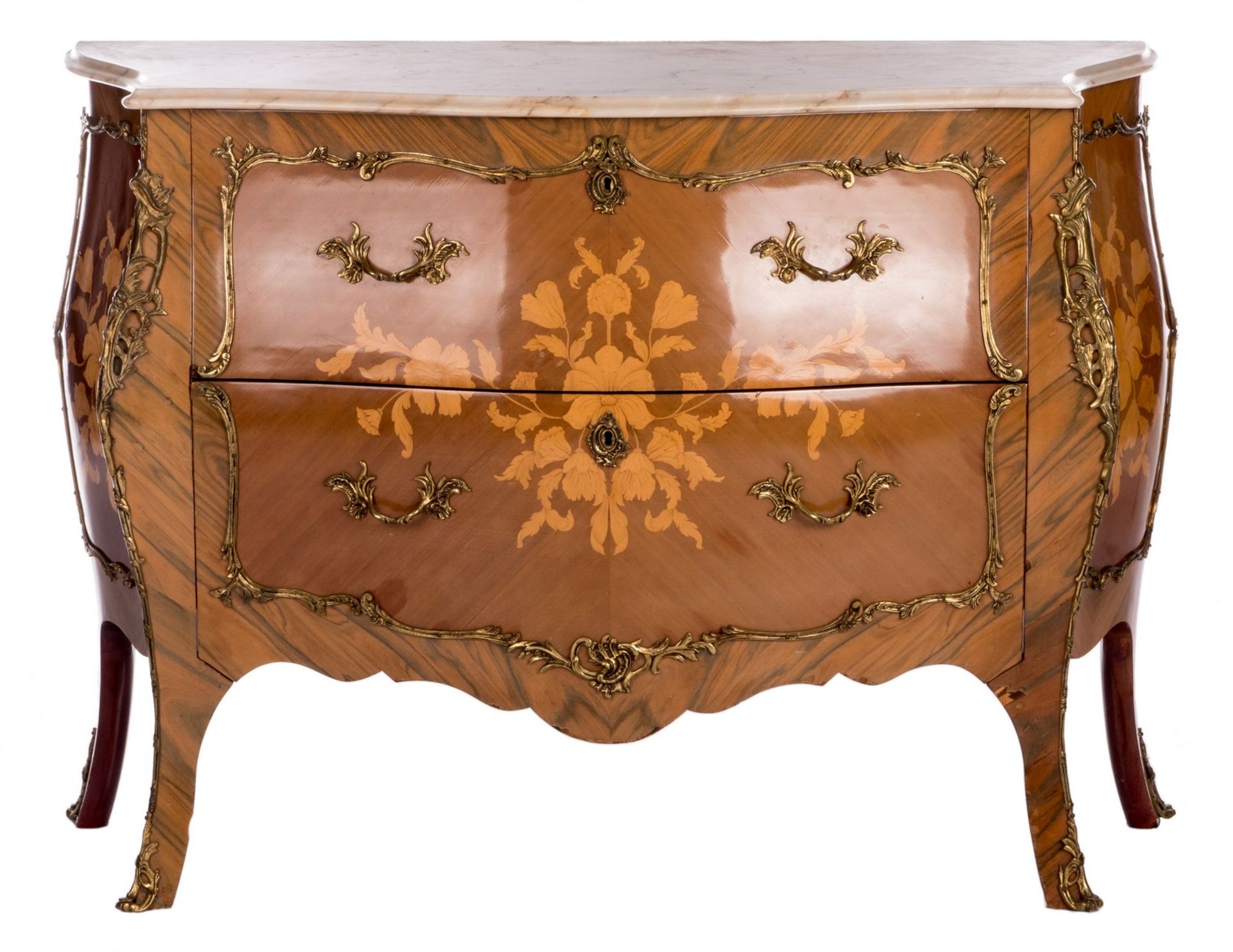 A French Cressent type commode, LXV style, mahogany and marquetry veneered, bronze mounts and marble