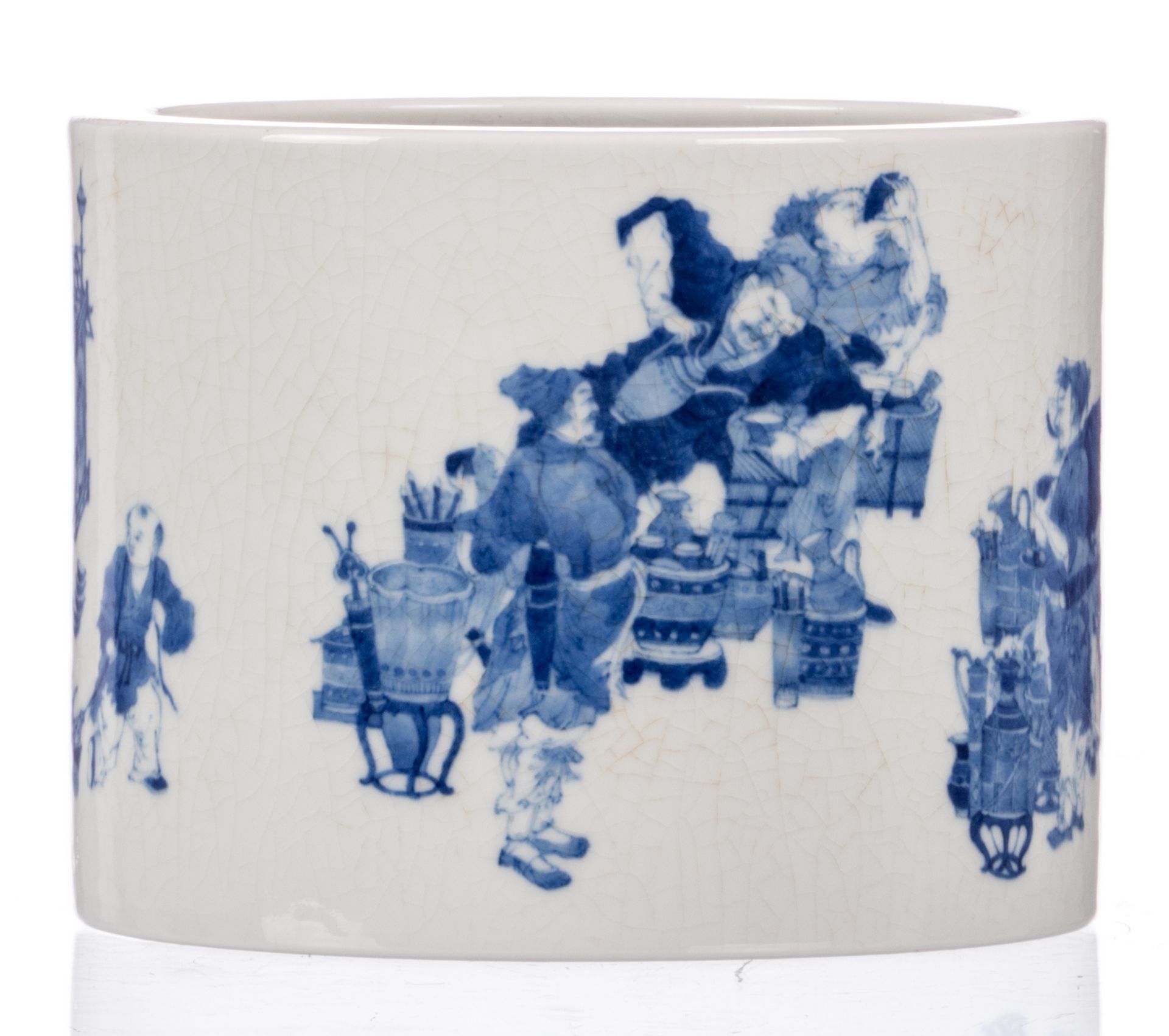 A Chinese blue and white brushpot, decorated with animated scenes, marked, 20thC, H 15 - Diameter 20 - Image 3 of 8