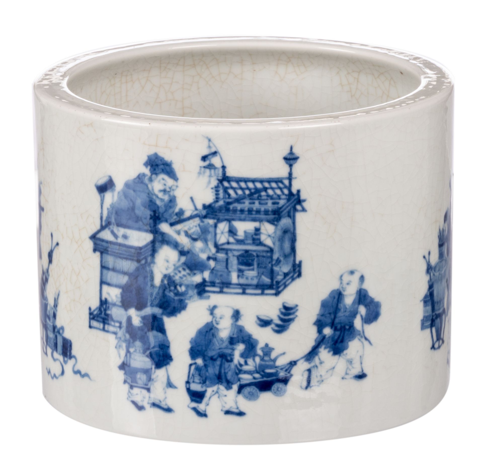 A Chinese blue and white brushpot, decorated with animated scenes, marked, 20thC, H 15 - Diameter 20