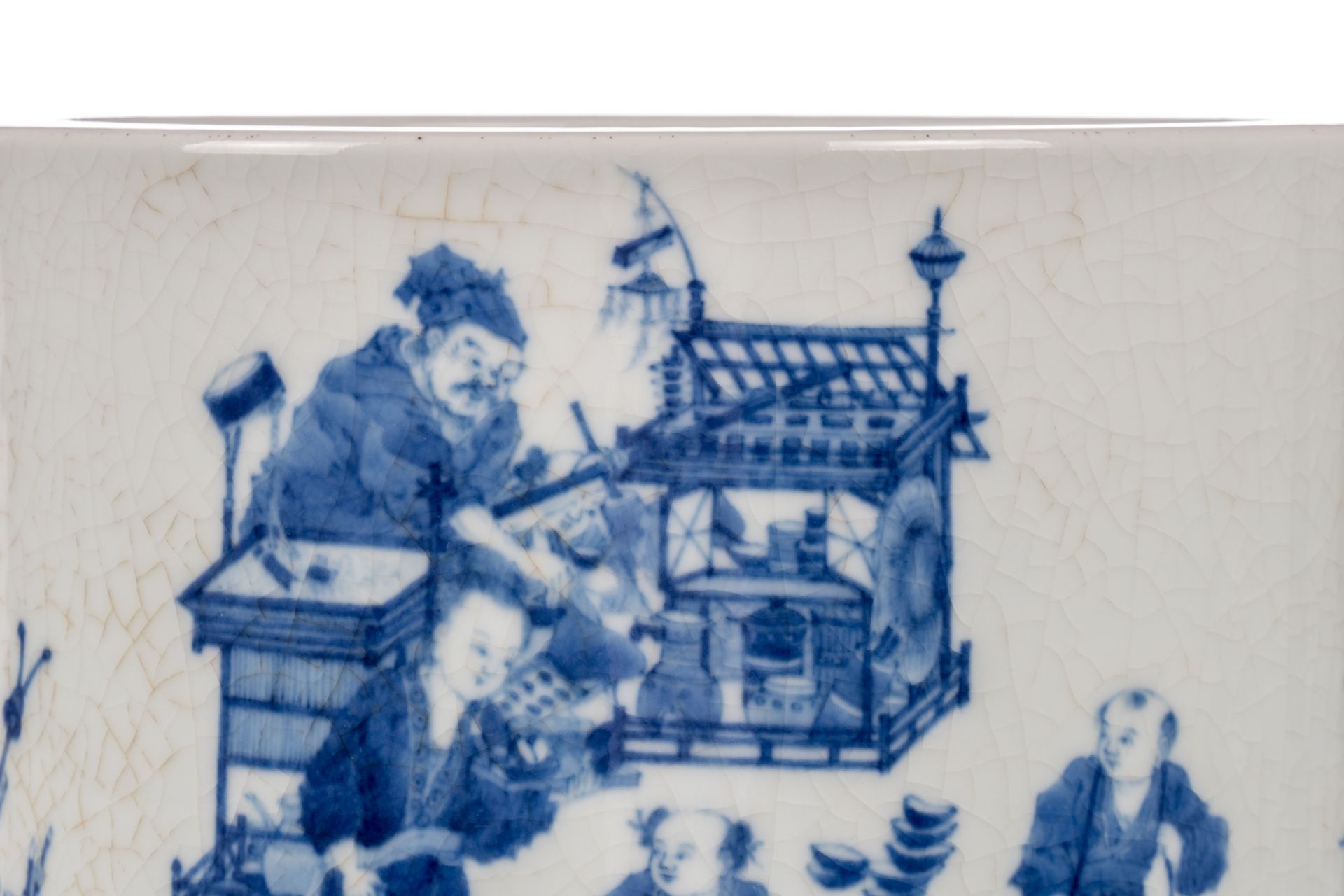 A Chinese blue and white brushpot, decorated with animated scenes, marked, 20thC, H 15 - Diameter 20 - Image 6 of 8