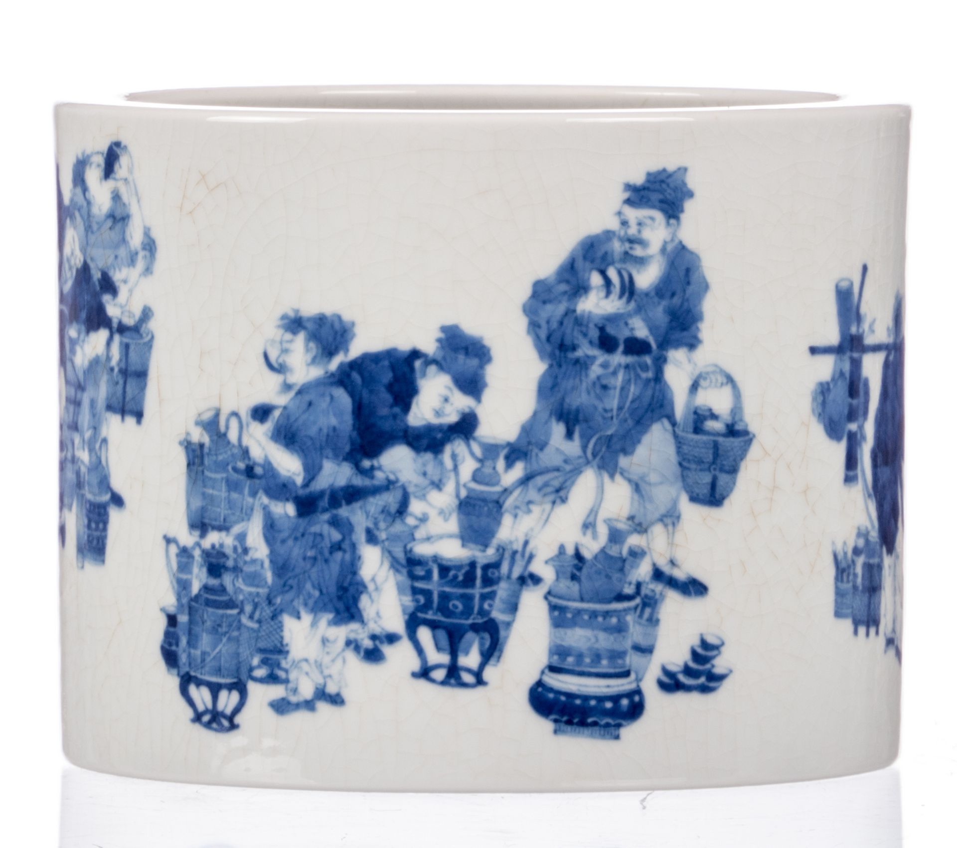 A Chinese blue and white brushpot, decorated with animated scenes, marked, 20thC, H 15 - Diameter 20 - Image 4 of 8