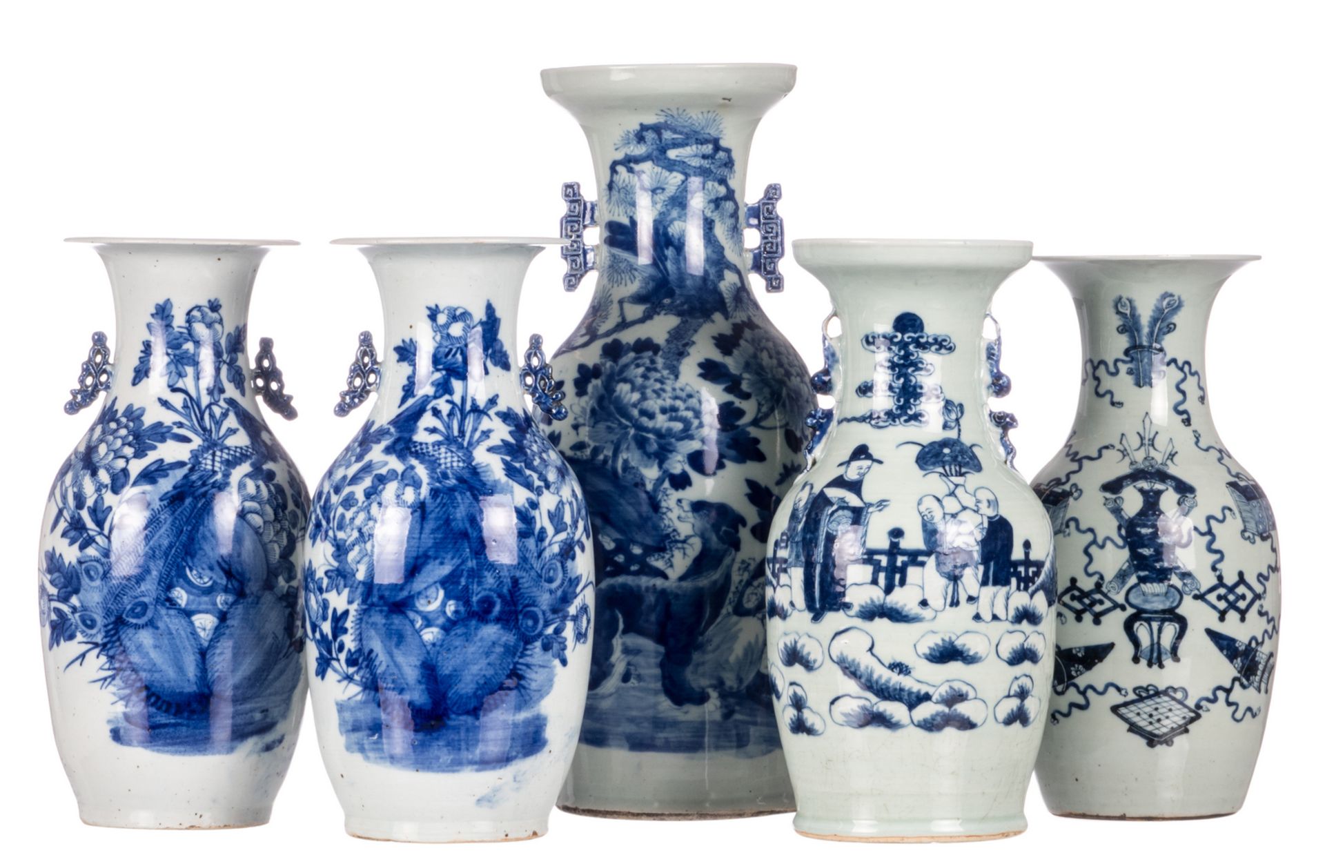 Five Chinese blue and white vases, decorated with birds and flower branches, antiquities and an