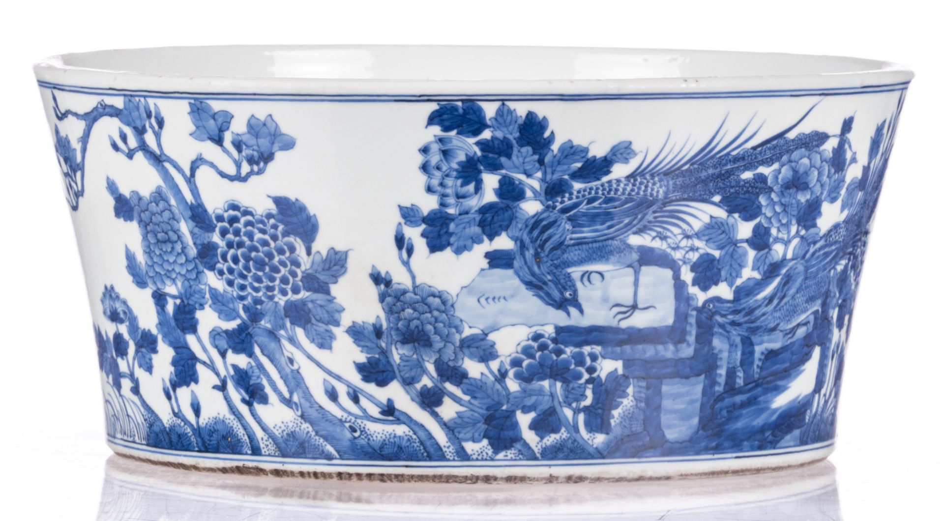 A large Chinese blue and white bowl, decorated with phoenix and flower branches, Kangxi, H 17,5 - - Bild 2 aus 12