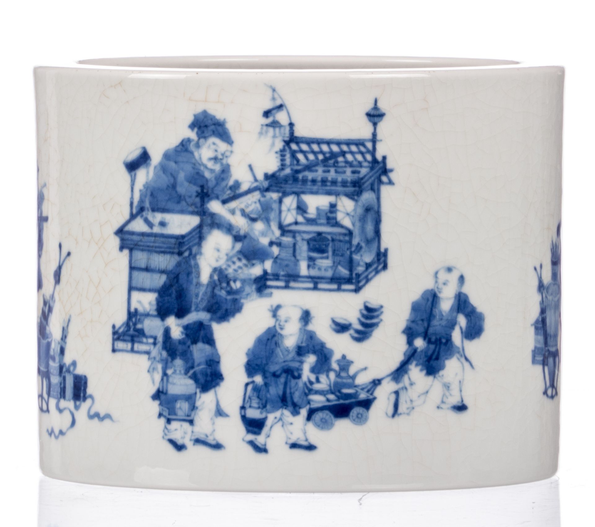 A Chinese blue and white brushpot, decorated with animated scenes, marked, 20thC, H 15 - Diameter 20 - Image 2 of 8