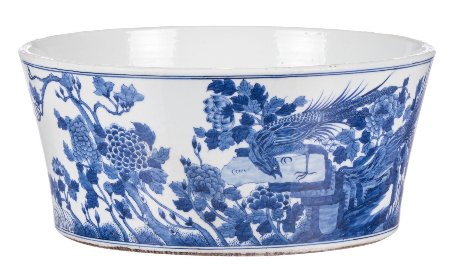 A large Chinese blue and white bowl, decorated with phoenix and flower branches, Kangxi, H 17,5 -