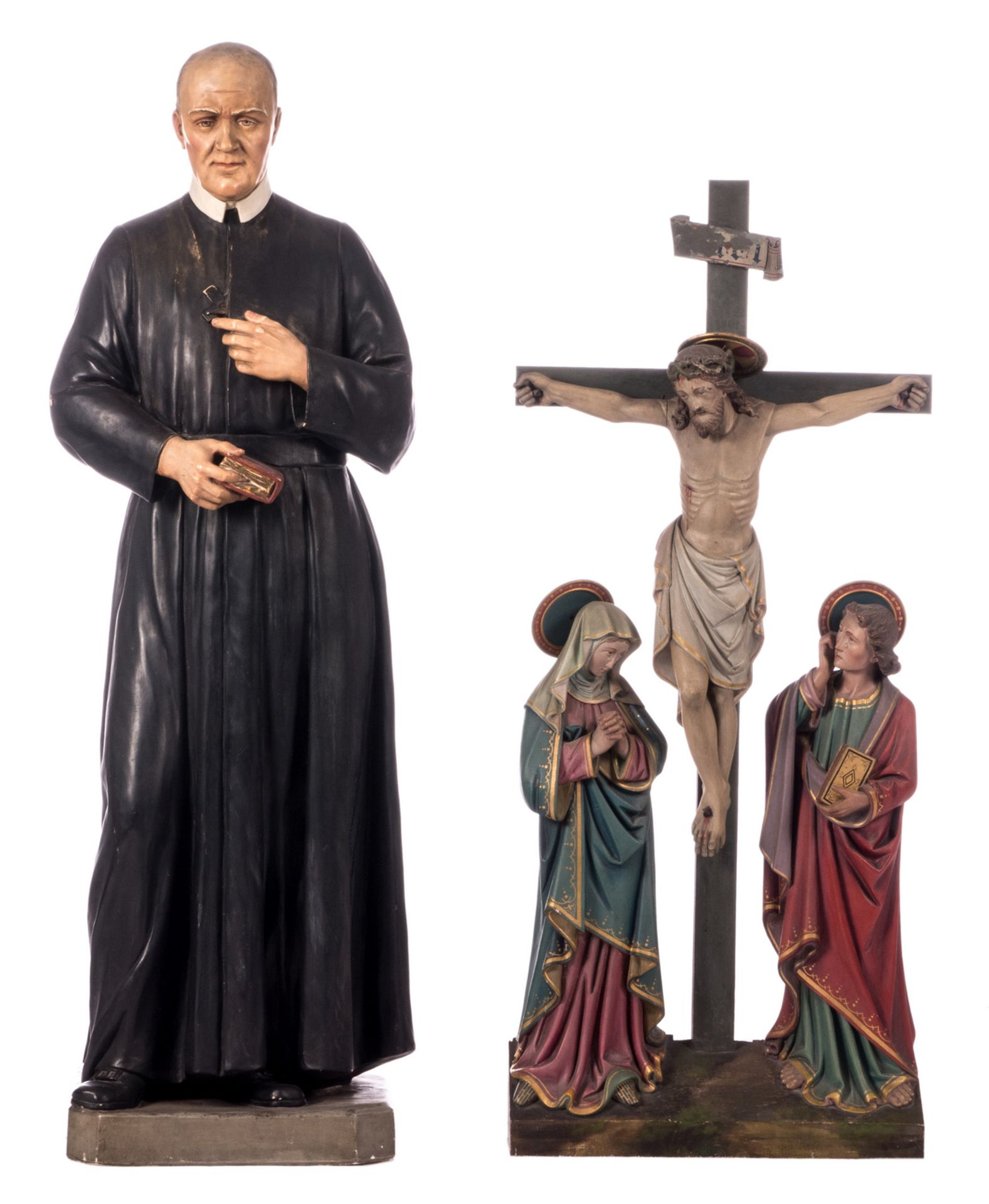 A polychrome painted gypse statue of St. Franciscus Xaverius; added a ditto Golgotha group, H 124,