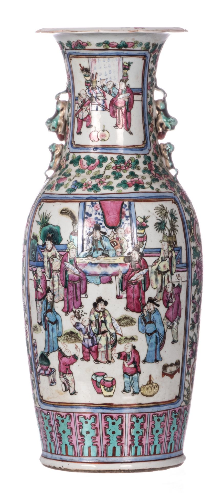 A Chinese famille rose vase and dish, decorated with court and animated scenes, 19thC, H 61 - - Bild 3 aus 11