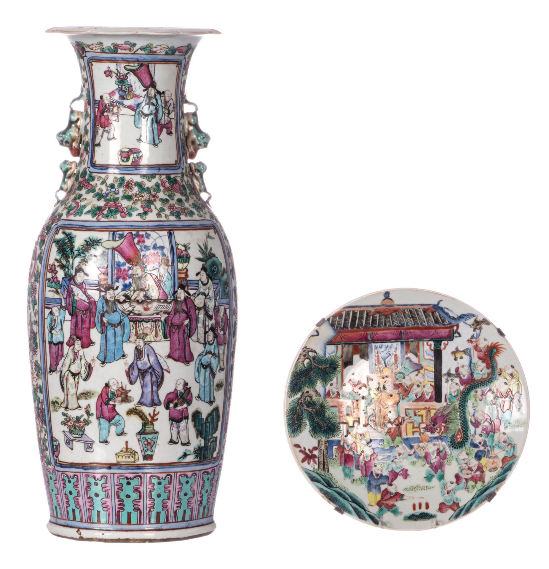 A Chinese famille rose vase and dish, decorated with court and animated scenes, 19thC, H 61 -
