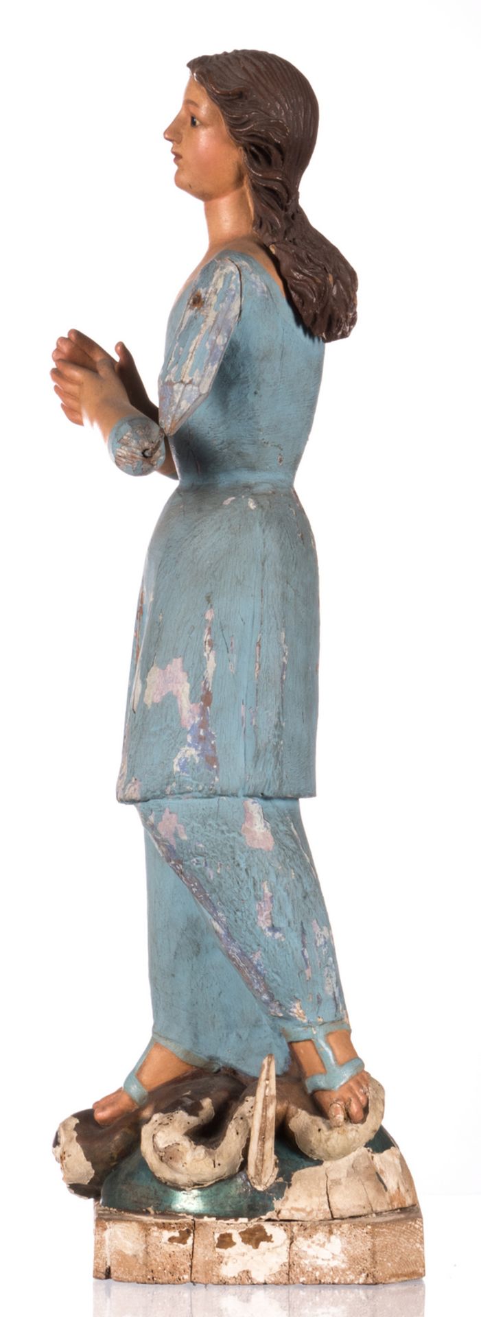 Our Lady of the Crescent, a polychrome painted wooden dressing doll, probably French, 18thC, H 69 - Bild 2 aus 10