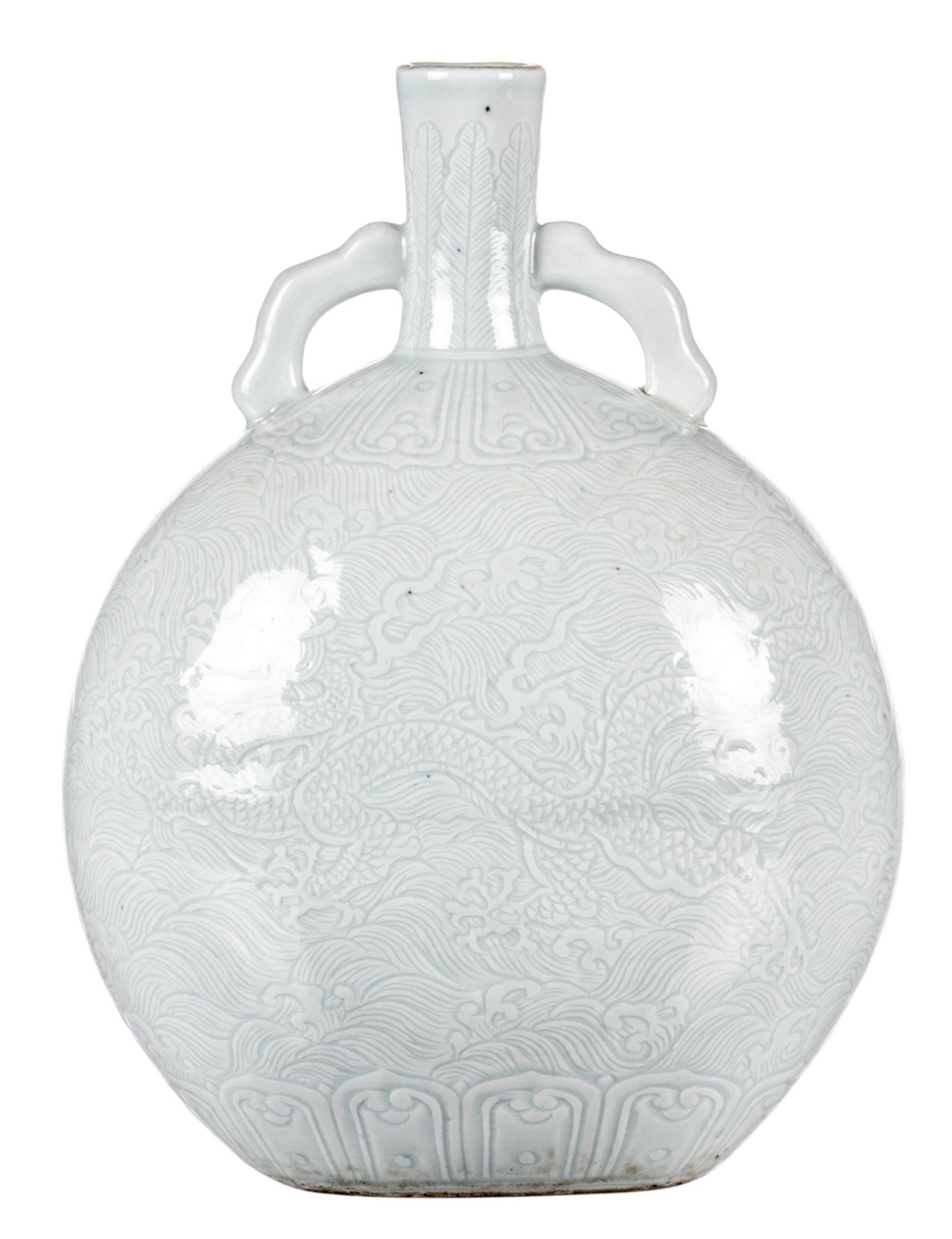 A Chinese light blue glazed moonflask, dragon relief decorated, H 29 cm