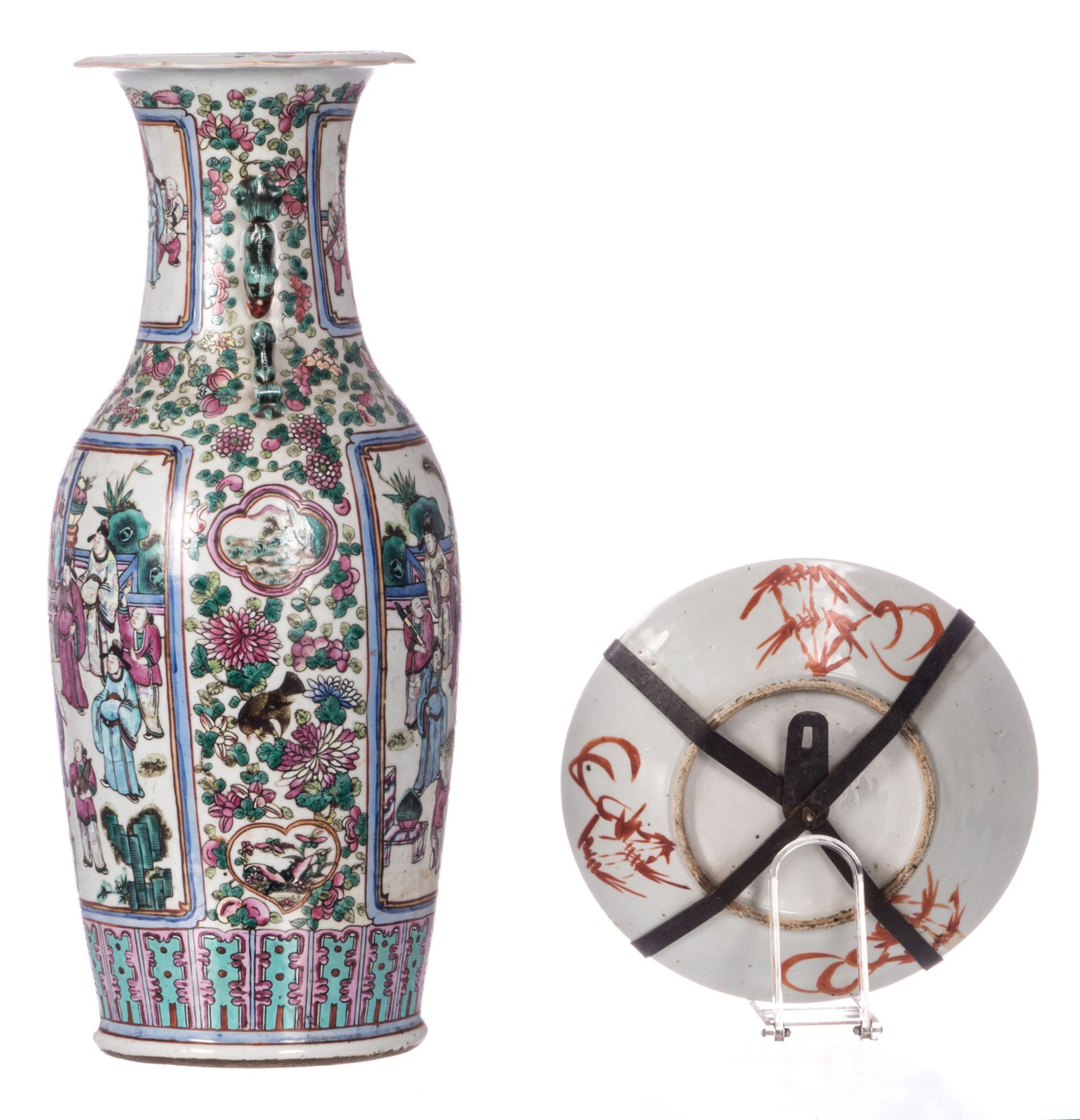 A Chinese famille rose vase and dish, decorated with court and animated scenes, 19thC, H 61 - - Bild 2 aus 11
