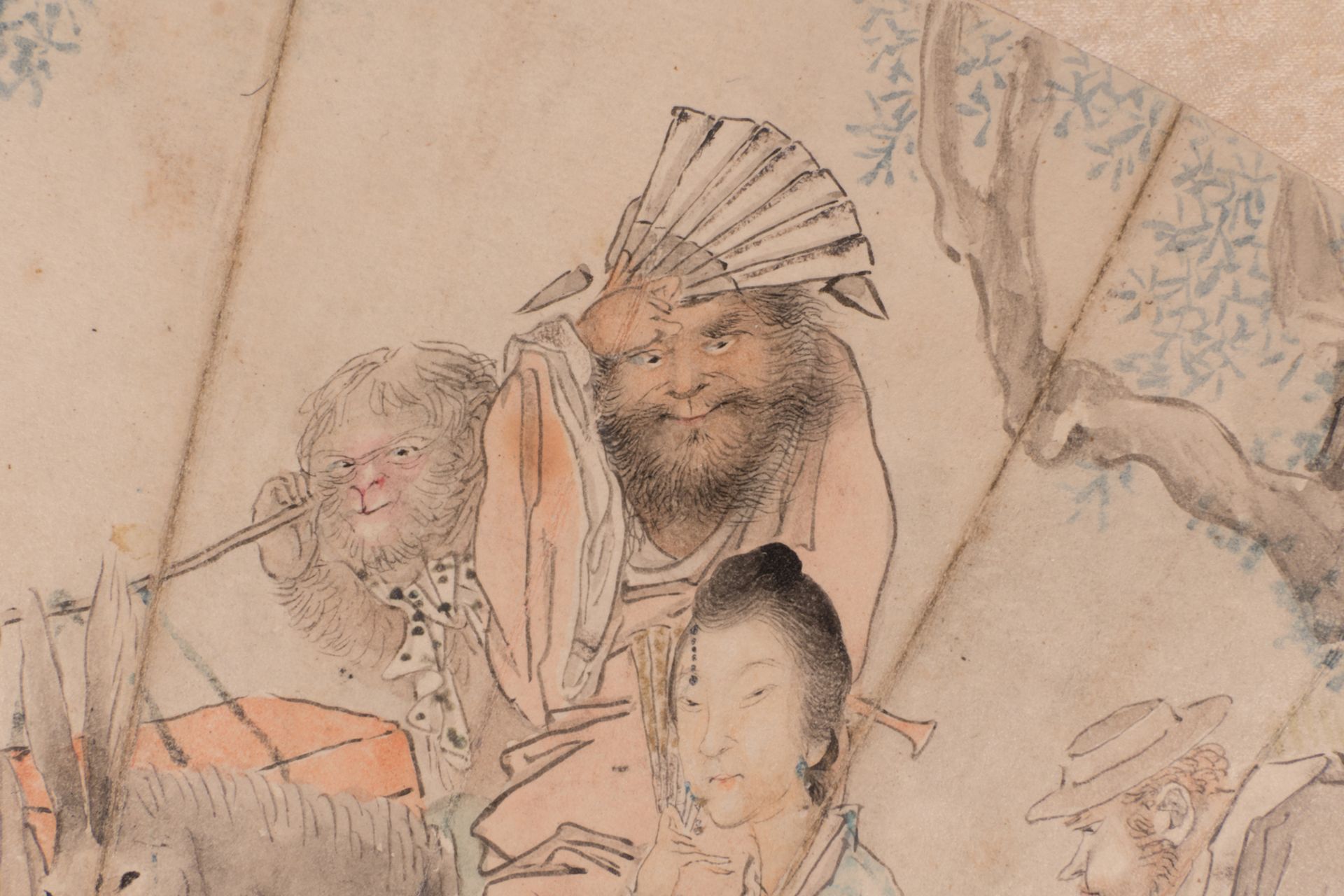A Chinese fan shaped watercolour depicting a travelling courtesan accompanied by her Western - Bild 6 aus 7