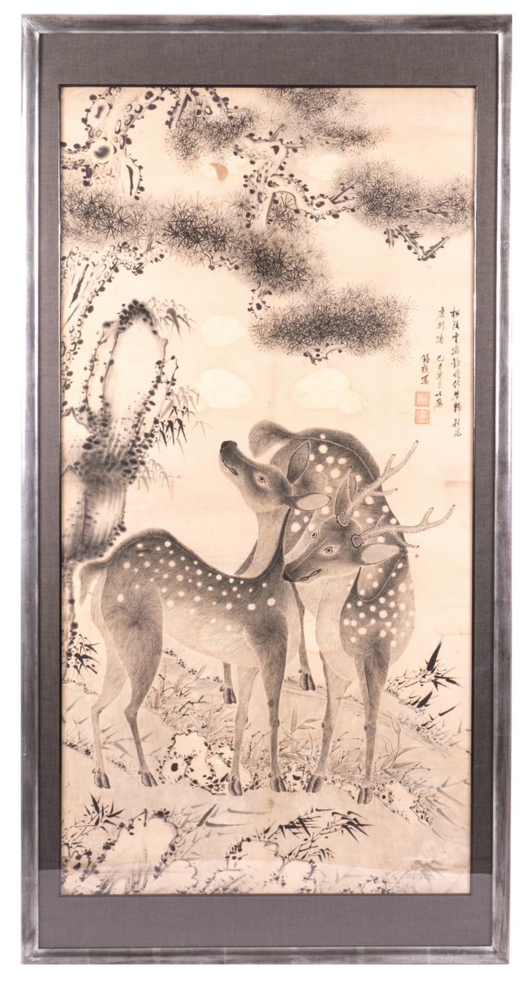 A Chinese scroll, framed, depicting two deer in a landscape, with text and seal mark, signed Ts'ai - Bild 2 aus 7