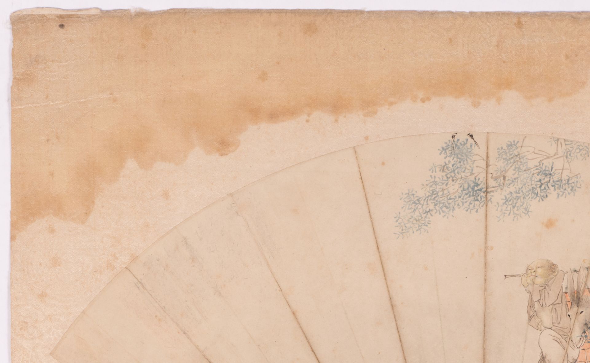 A Chinese fan shaped watercolour depicting a travelling courtesan accompanied by her Western - Bild 5 aus 7
