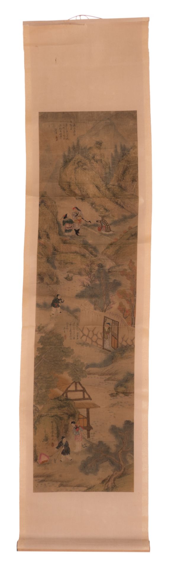 A Chinese scroll depicting animated scenes in a landscape, 19thC, 30,6 x 120 - 39,2 x 166 cm (with - Bild 2 aus 10