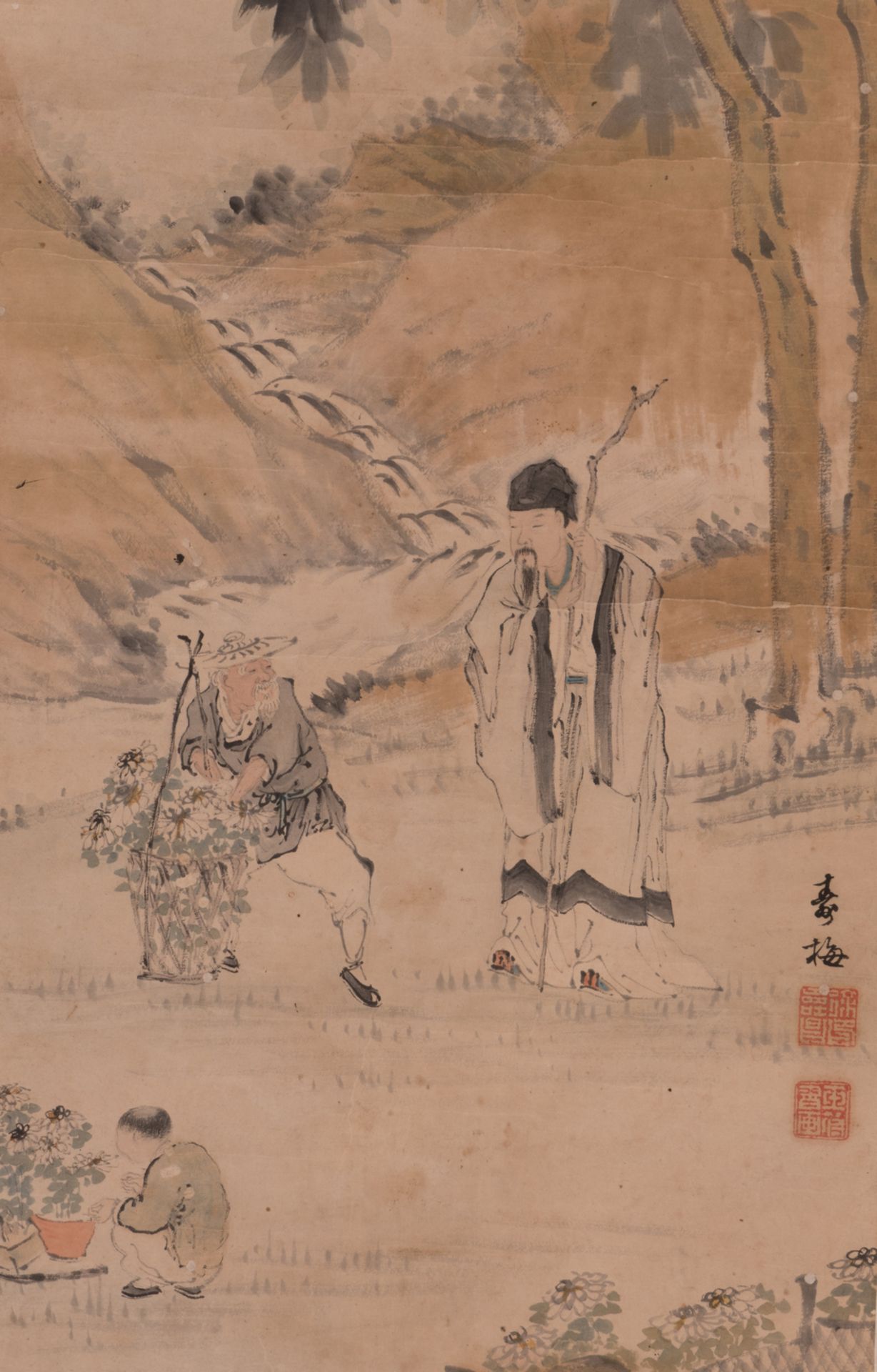 Two Chinese scrolls: one depicting music making men on a sampan, 27 x 58,5 - 38 x 152,7 cm (with - Bild 9 aus 11