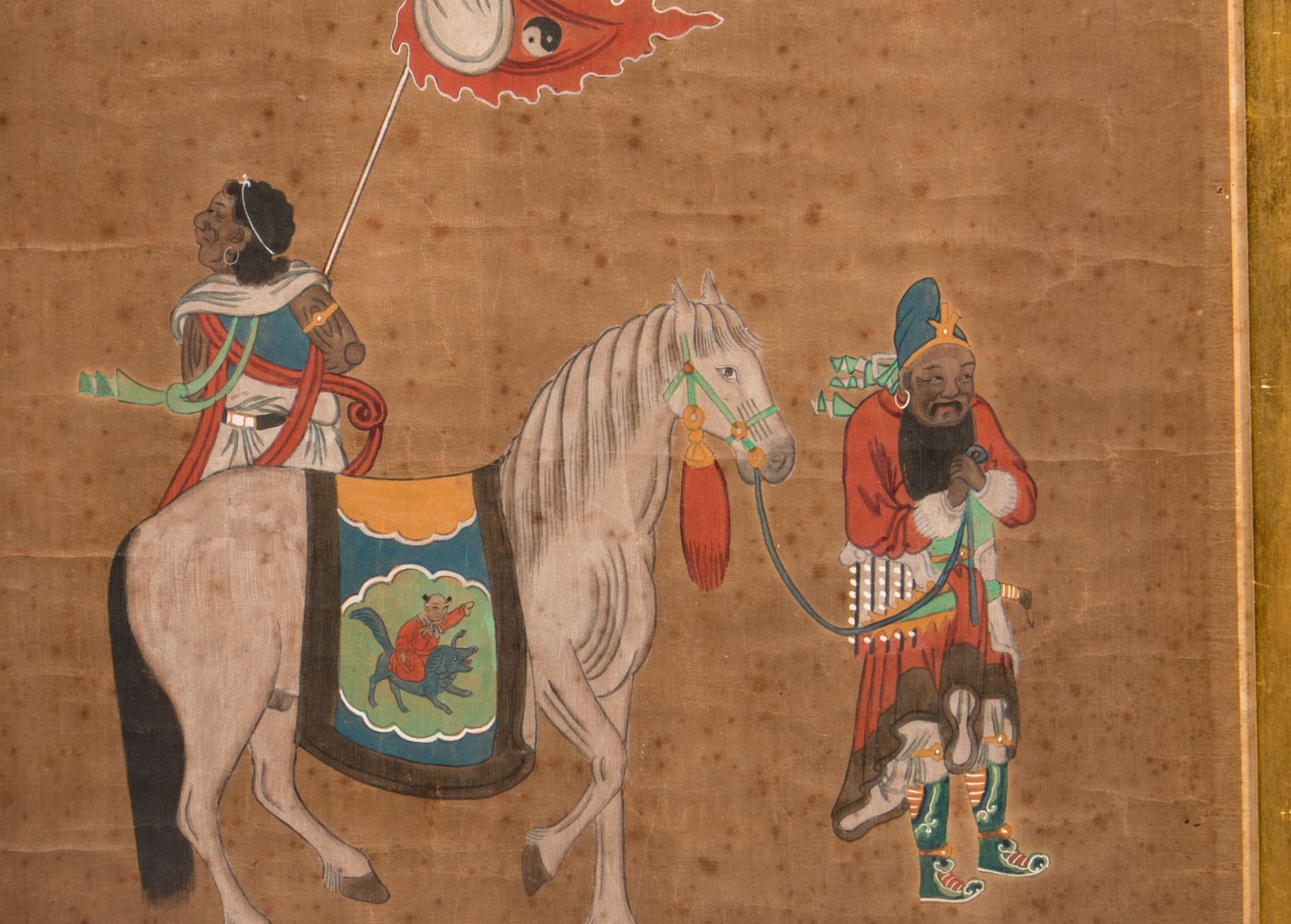 A Chinese watercolour on textile, depicting figures and a horse and calligraphic texts, marked, in a - Bild 6 aus 6