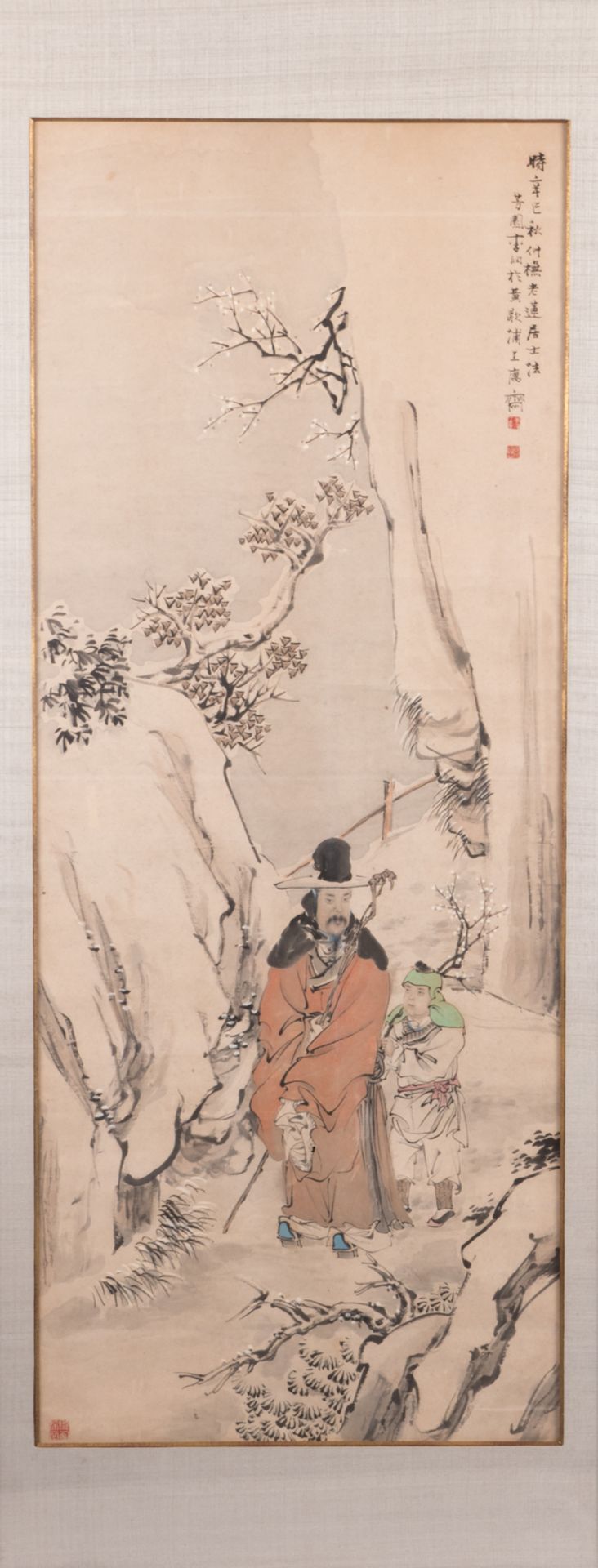 A Chinese scroll, framed, depicting a sage and his pupil in a mountainous landscape, signed Li Nuen,