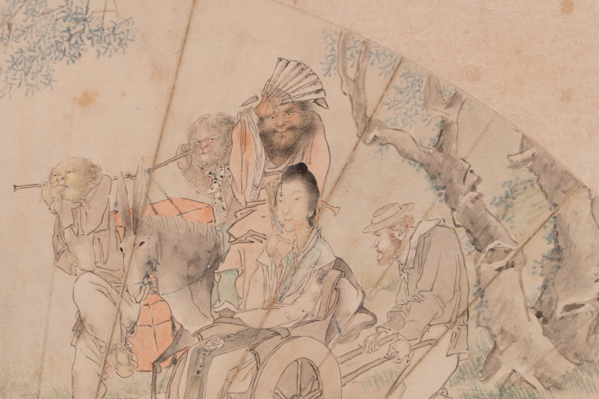 A Chinese fan shaped watercolour depicting a travelling courtesan accompanied by her Western - Bild 3 aus 7