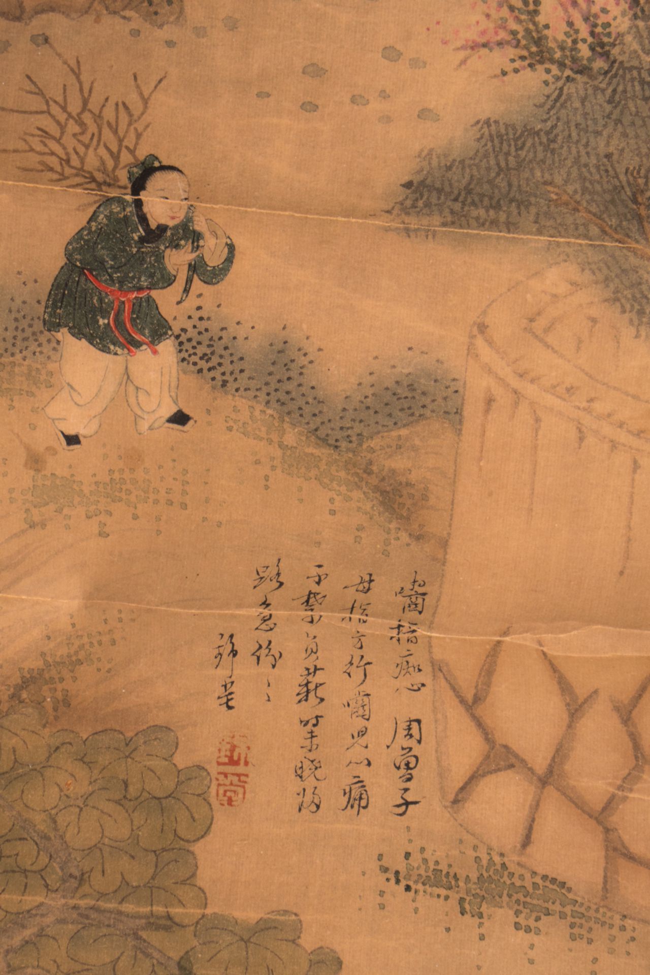 A Chinese scroll depicting animated scenes in a landscape, 19thC, 30,6 x 120 - 39,2 x 166 cm (with - Bild 4 aus 10