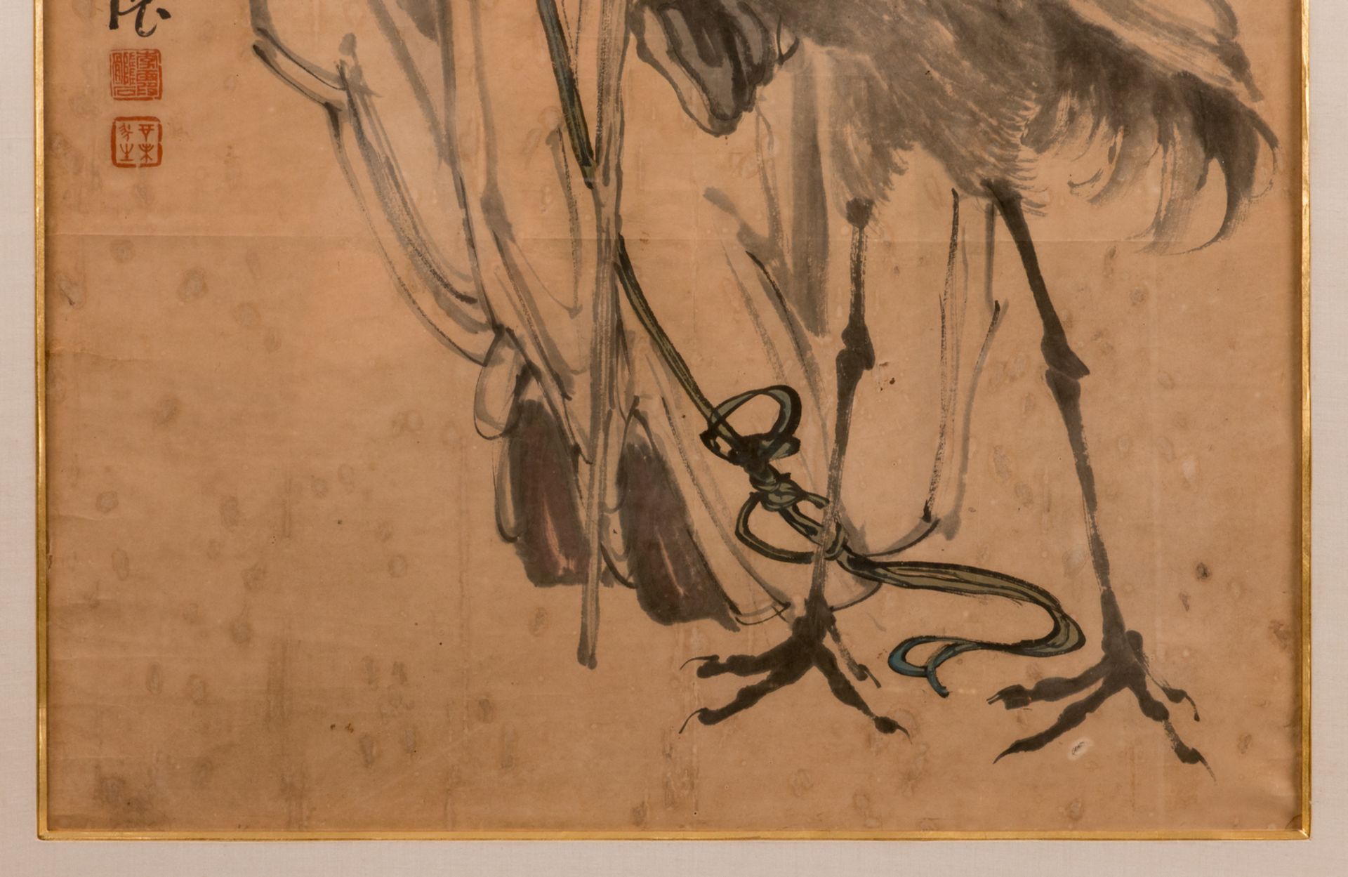 A Chinese scroll, framed, depicting Shou Xing, the God of longevity, accompanied by a child and a - Bild 7 aus 7