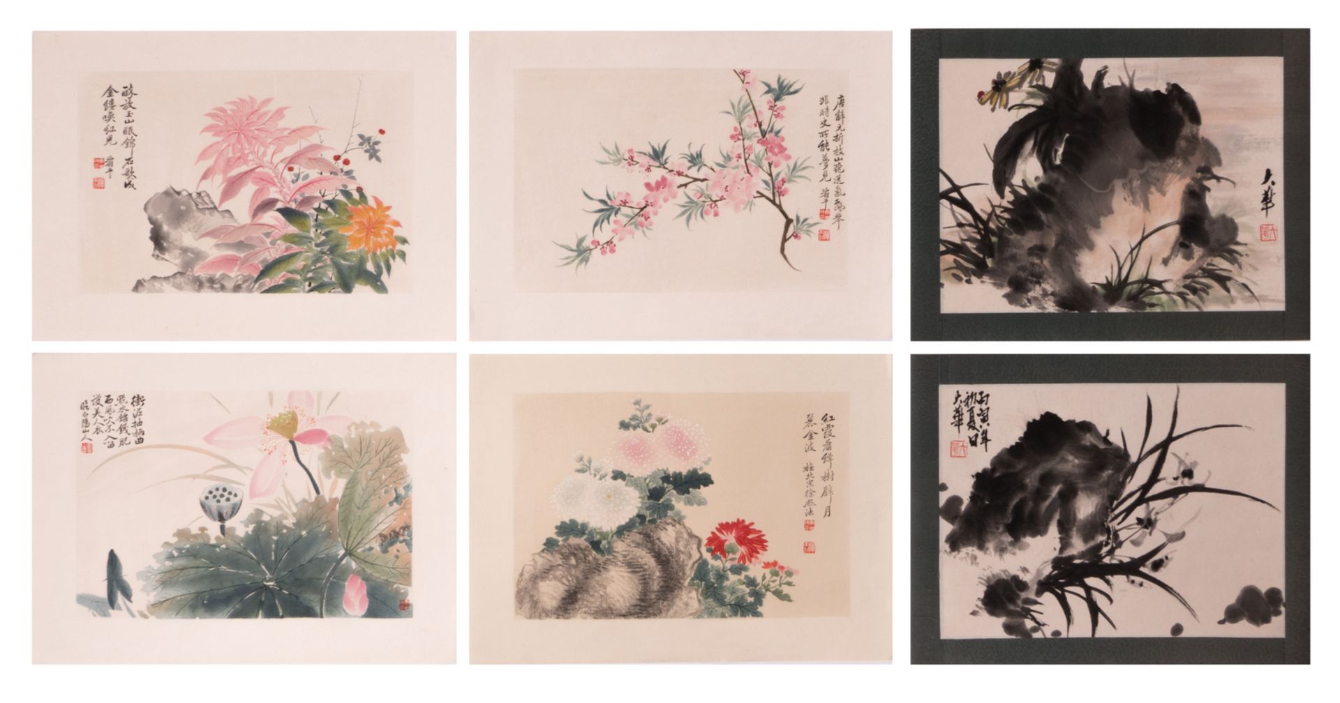 A lot of four Chinese woodcuts and two ditto watercolours depicting blossoms and flowers, 36,5 x