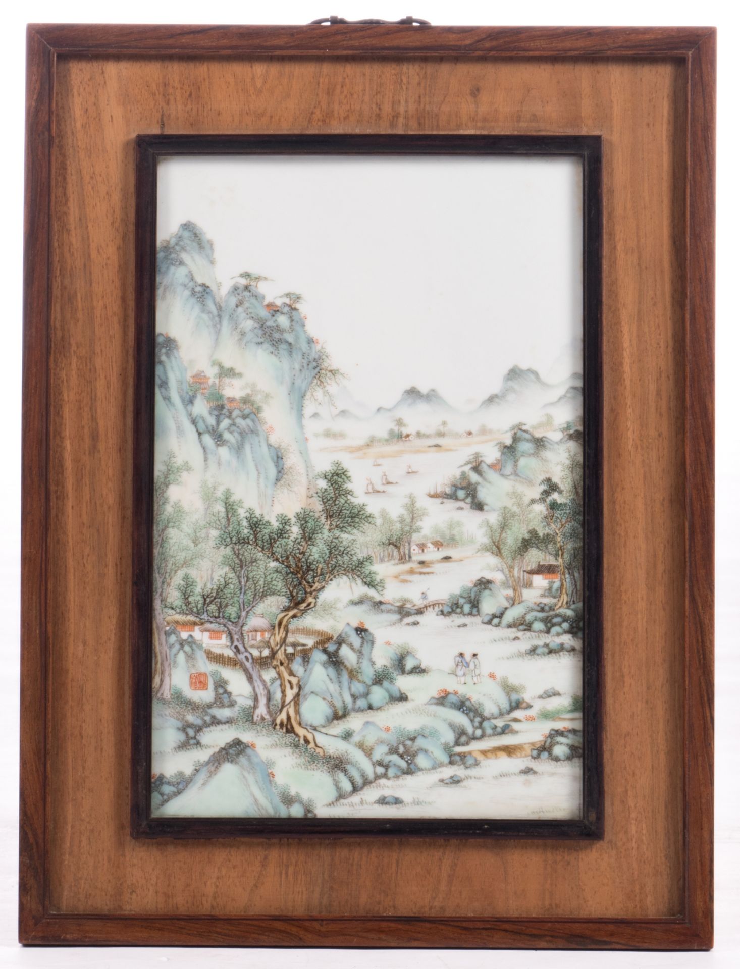 A Chinese polychrome porcelain plaque, decorated with figures in a river landscape, signed by the - Bild 2 aus 6