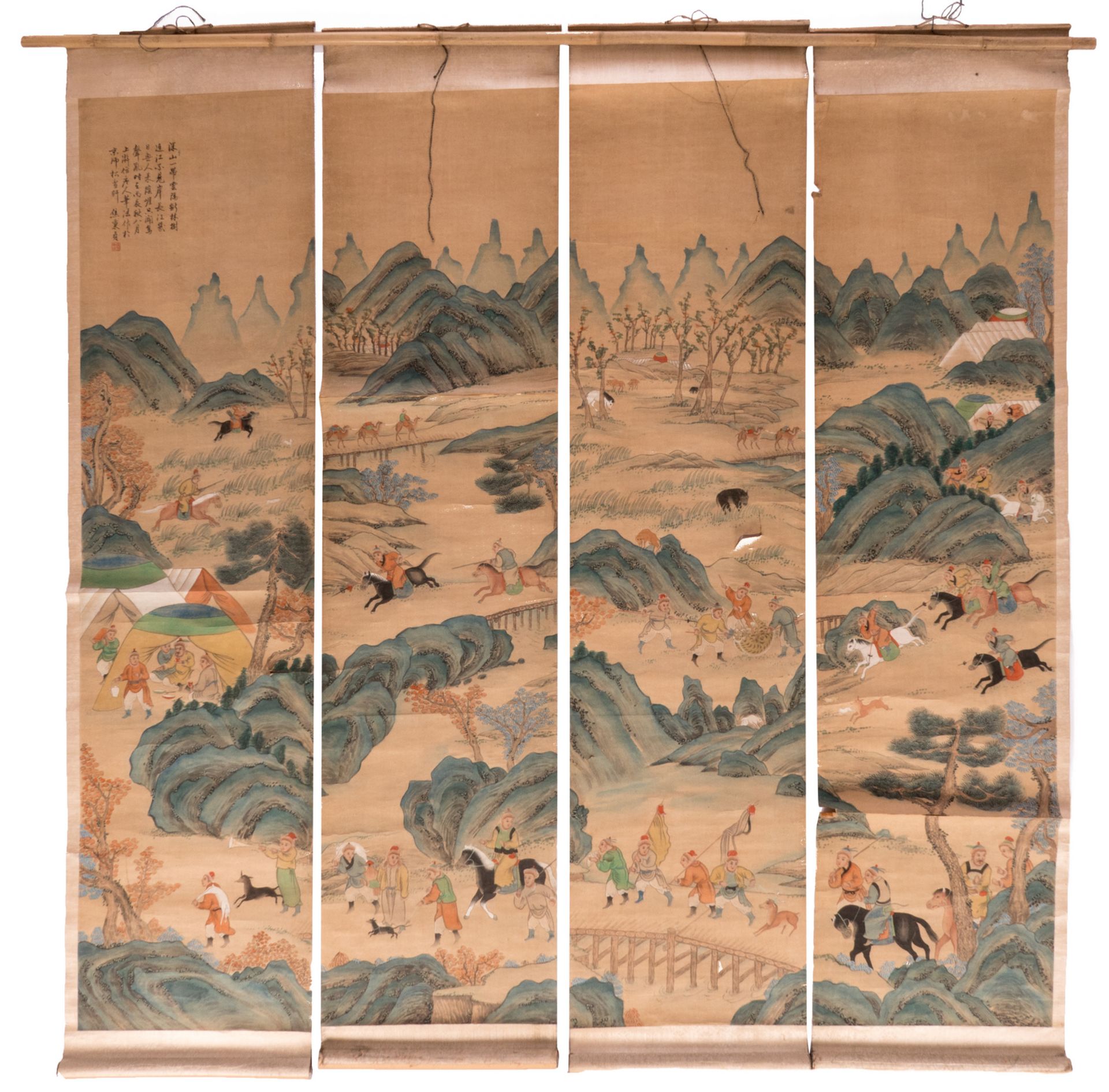 A Chinese scroll depicting Mongolian riders and travellers in a mountainous landscape, 19thC, the