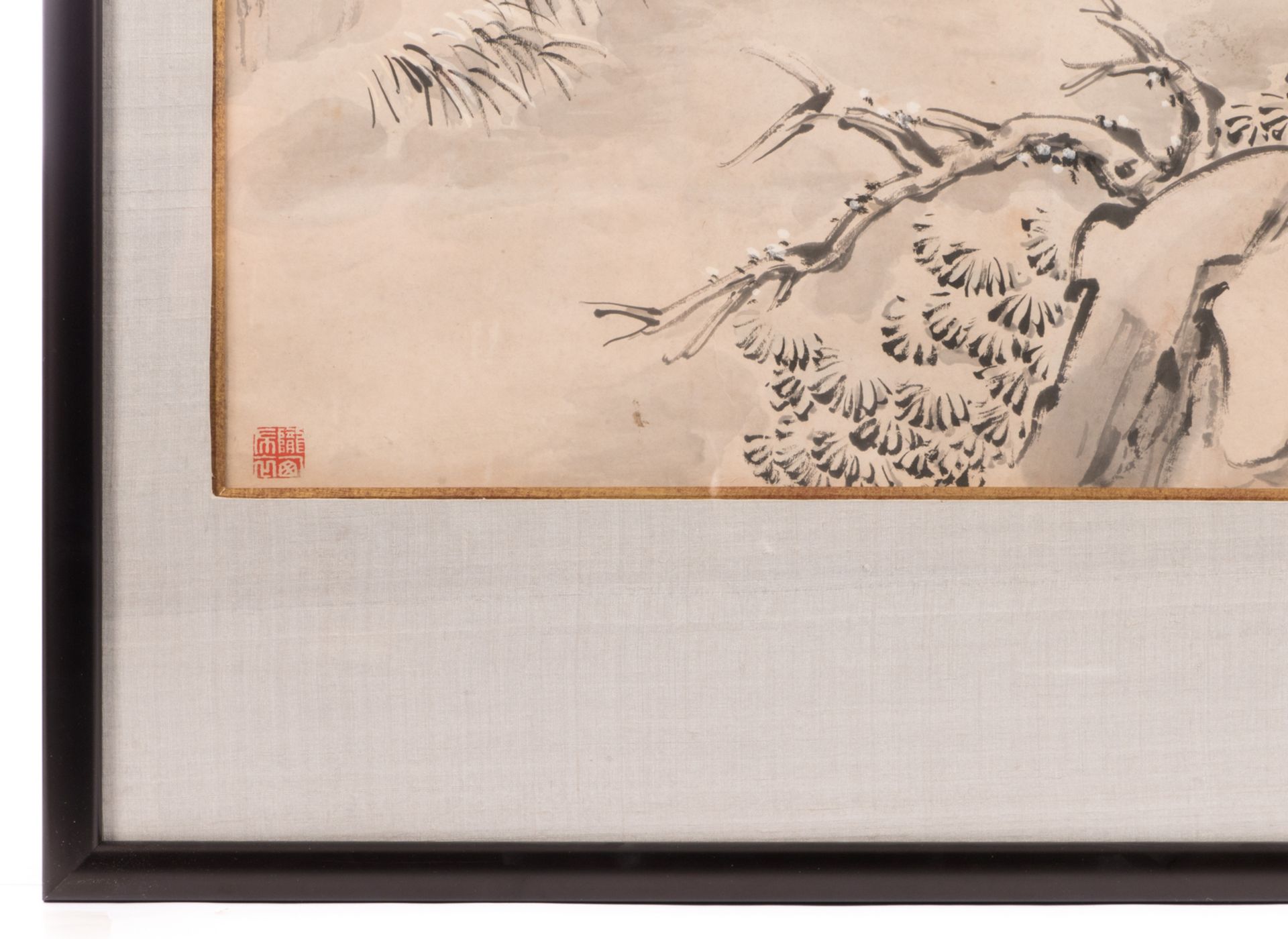 A Chinese scroll, framed, depicting a sage and his pupil in a mountainous landscape, signed Li Nuen, - Bild 3 aus 7