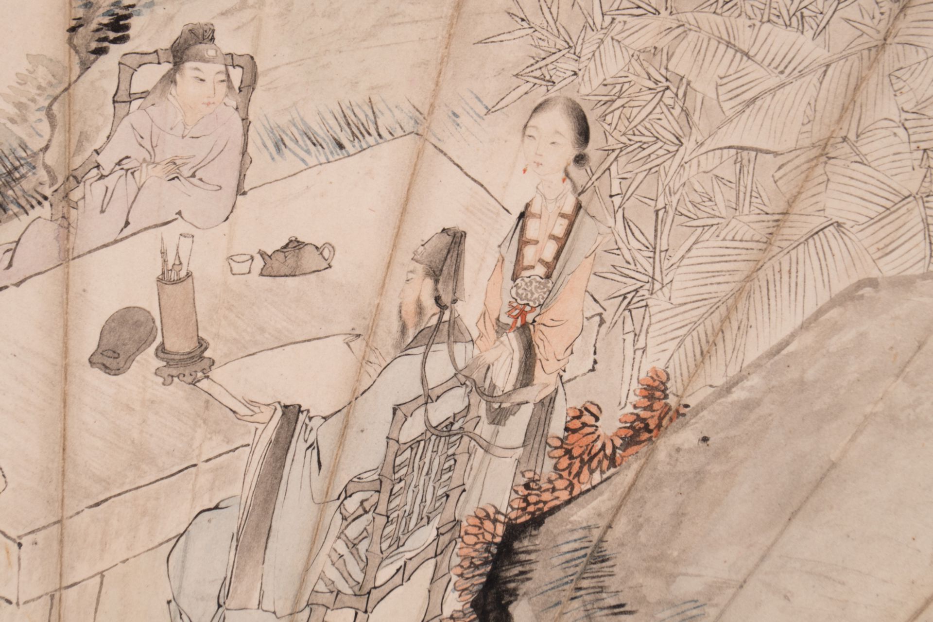 A Chinese fan shaped watercolour depicting literati in a rock garden, signed Zhang Zhiying and dated - Bild 2 aus 5