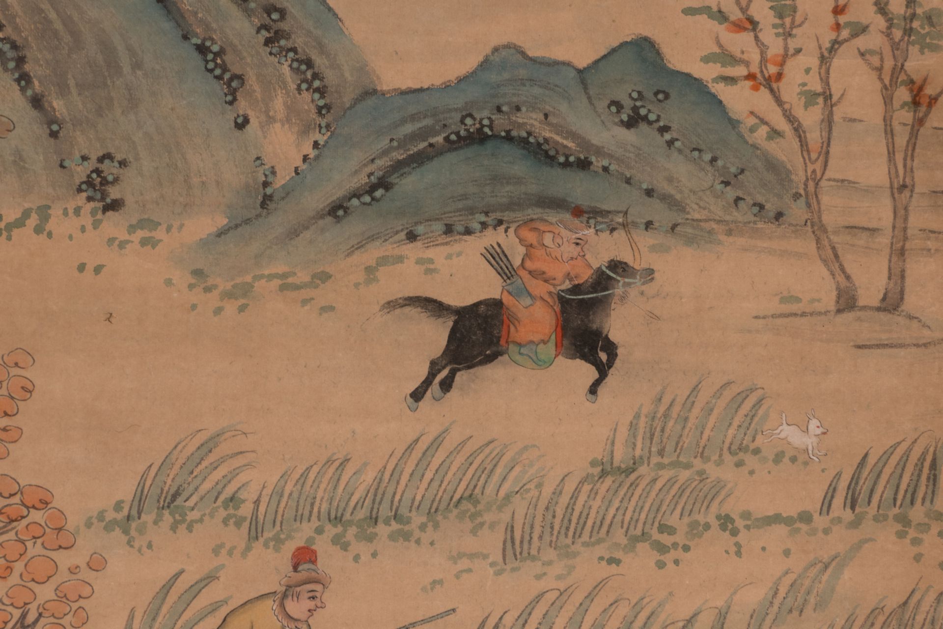 A Chinese scroll depicting Mongolian riders and travellers in a mountainous landscape, 19thC, the - Bild 4 aus 15