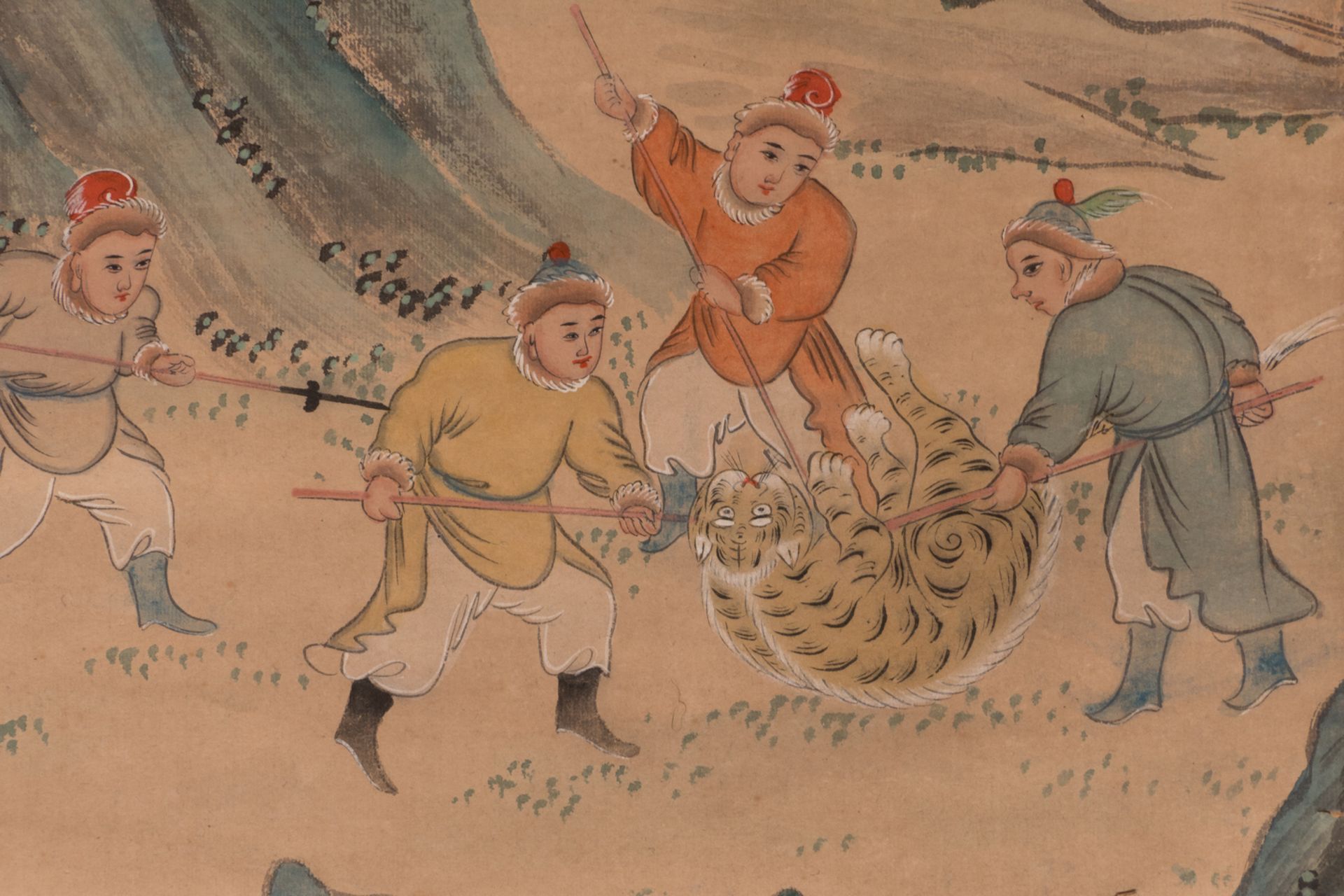 A Chinese scroll depicting Mongolian riders and travellers in a mountainous landscape, 19thC, the - Bild 12 aus 15