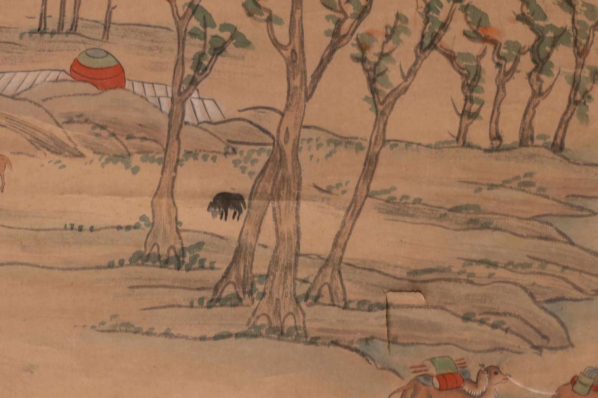 A Chinese scroll depicting Mongolian riders and travellers in a mountainous landscape, 19thC, the - Bild 10 aus 15
