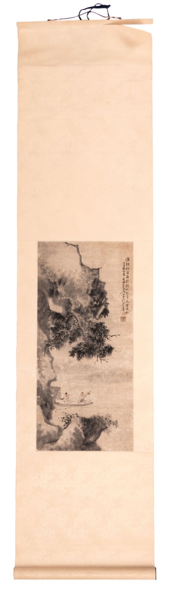 Two Chinese scrolls: one depicting music making men on a sampan, 27 x 58,5 - 38 x 152,7 cm (with - Bild 2 aus 11