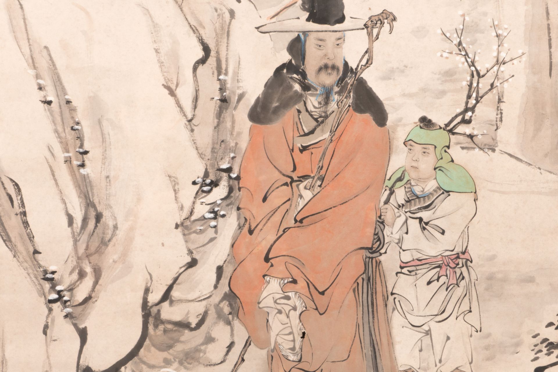 A Chinese scroll, framed, depicting a sage and his pupil in a mountainous landscape, signed Li Nuen, - Bild 6 aus 7