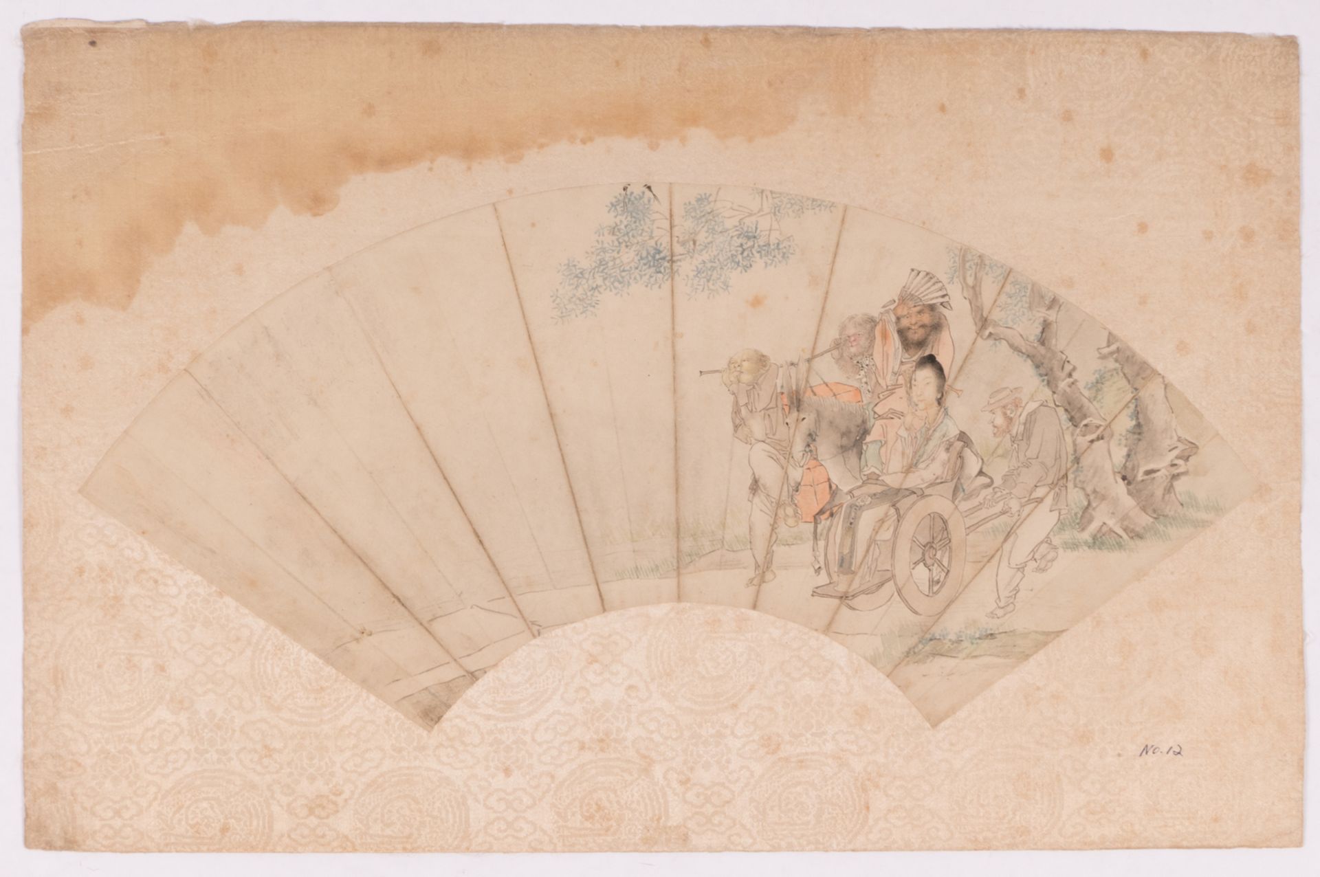 A Chinese fan shaped watercolour depicting a travelling courtesan accompanied by her Western - Bild 2 aus 7