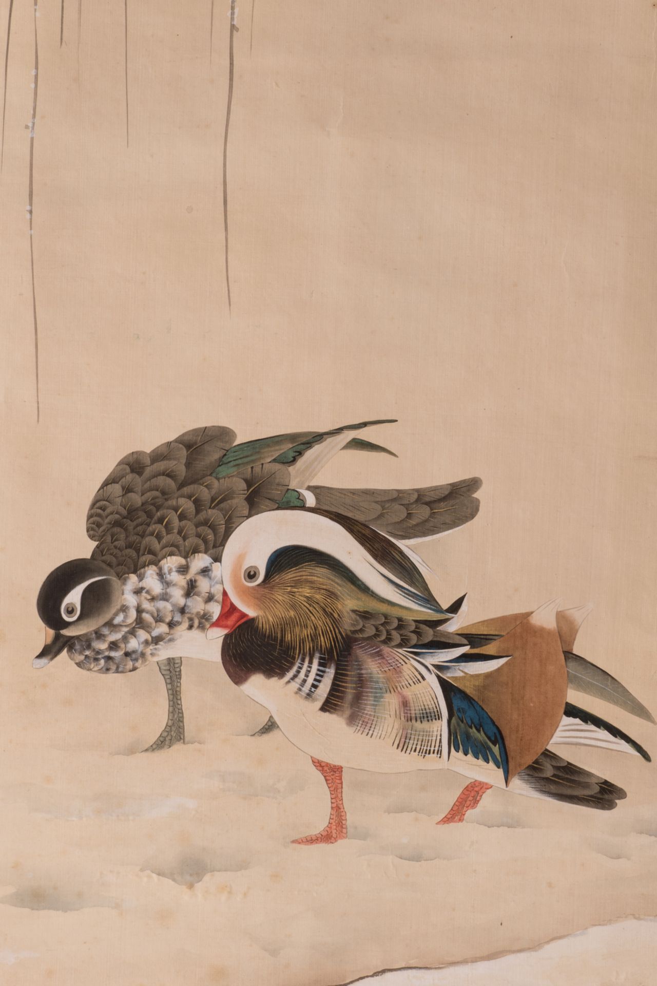 A Chinese watercolour on textile depicting two ducks in a winter landscape, marked Chen Meihu (by - Bild 5 aus 6