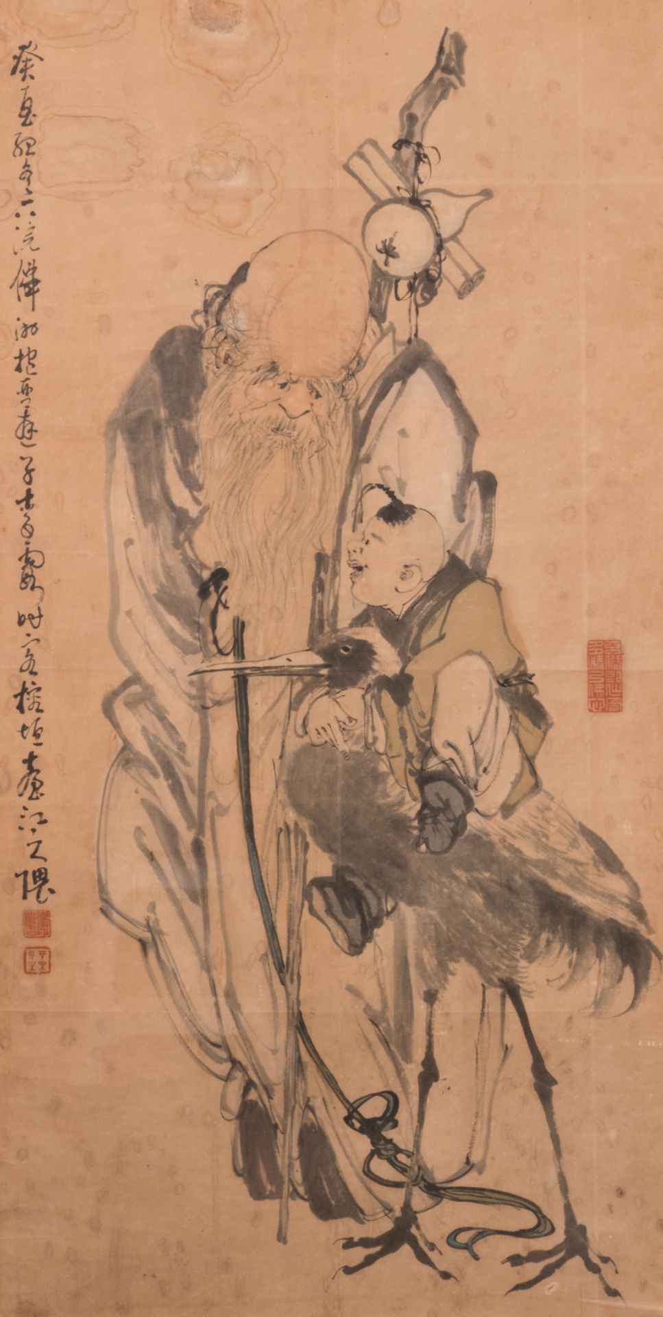 A Chinese scroll, framed, depicting Shou Xing, the God of longevity, accompanied by a child and a