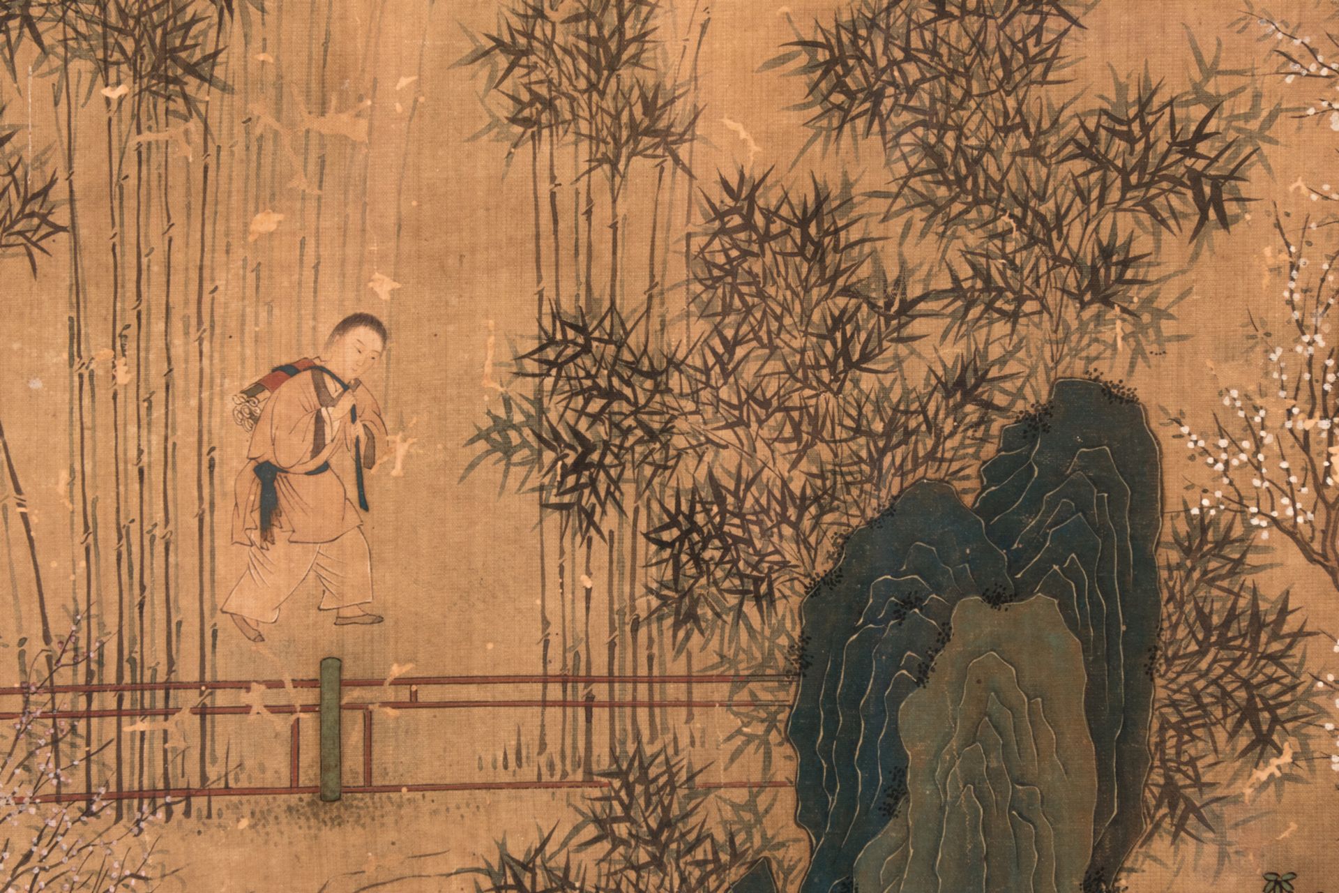 A Chinese scroll, framed, silk mount, depicting literati, courtisans and servants in a garden - Bild 4 aus 5