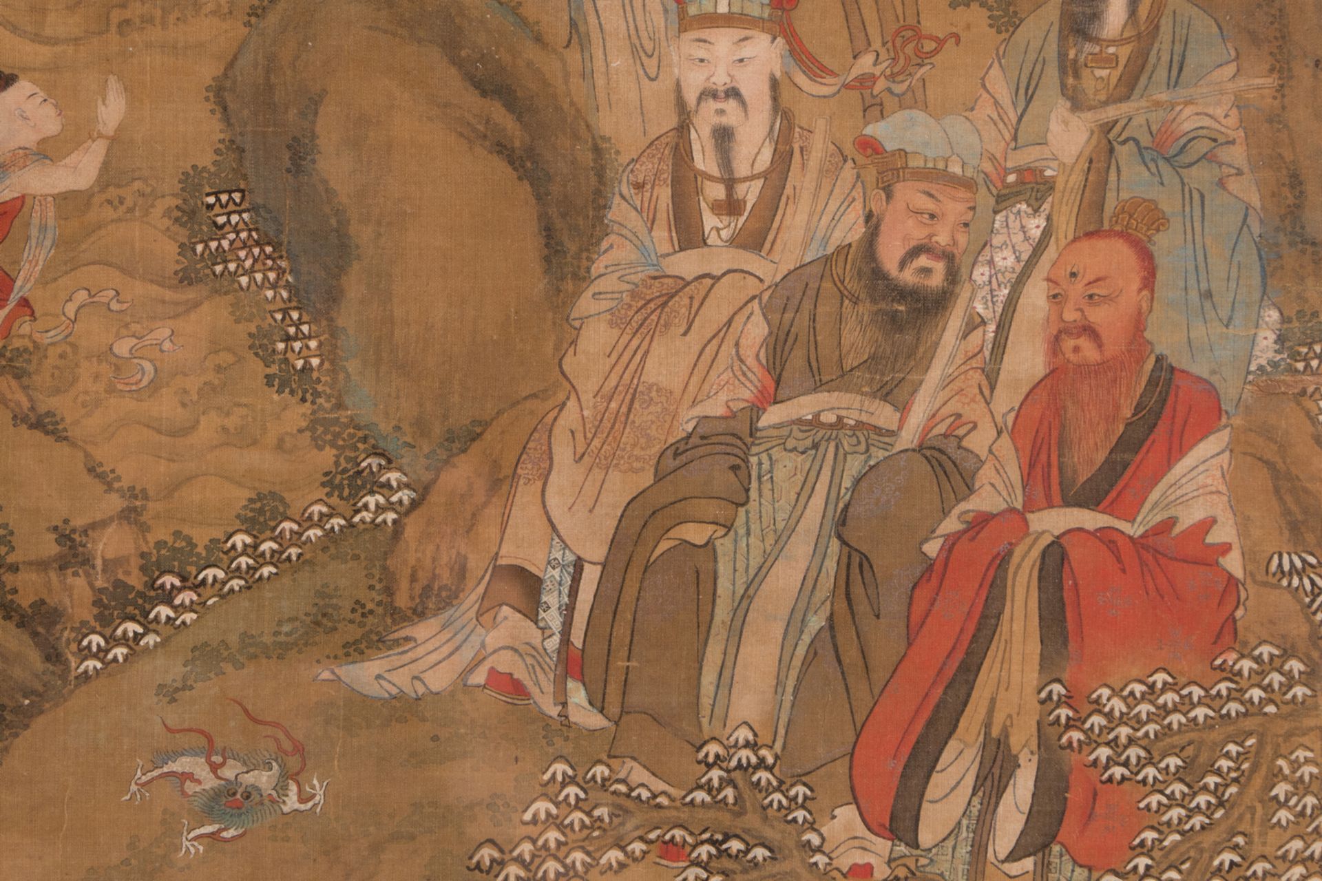 A Chinese scroll, textile on paper, silk mount, depicting Buddhist and Taoist Gods and Goddesses, - Bild 7 aus 8