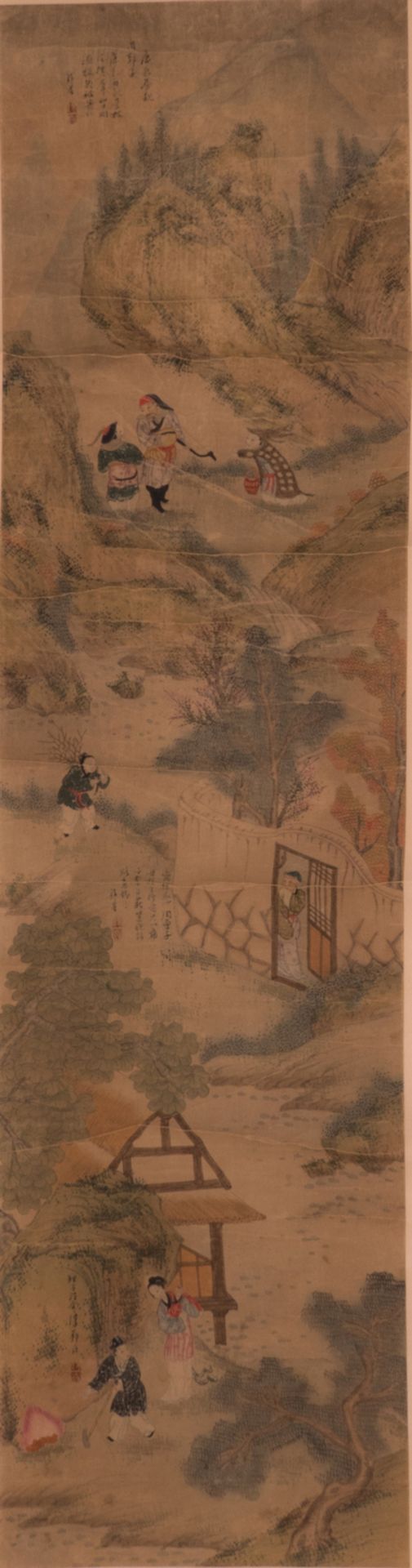 A Chinese scroll depicting animated scenes in a landscape, 19thC, 30,6 x 120 - 39,2 x 166 cm (with