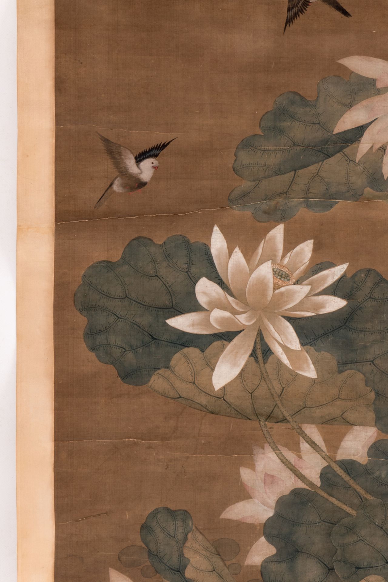 A Chinese scroll, watercolour on textile, depicting birds and water lilies, signed, 18thC, 61 x - Bild 2 aus 8